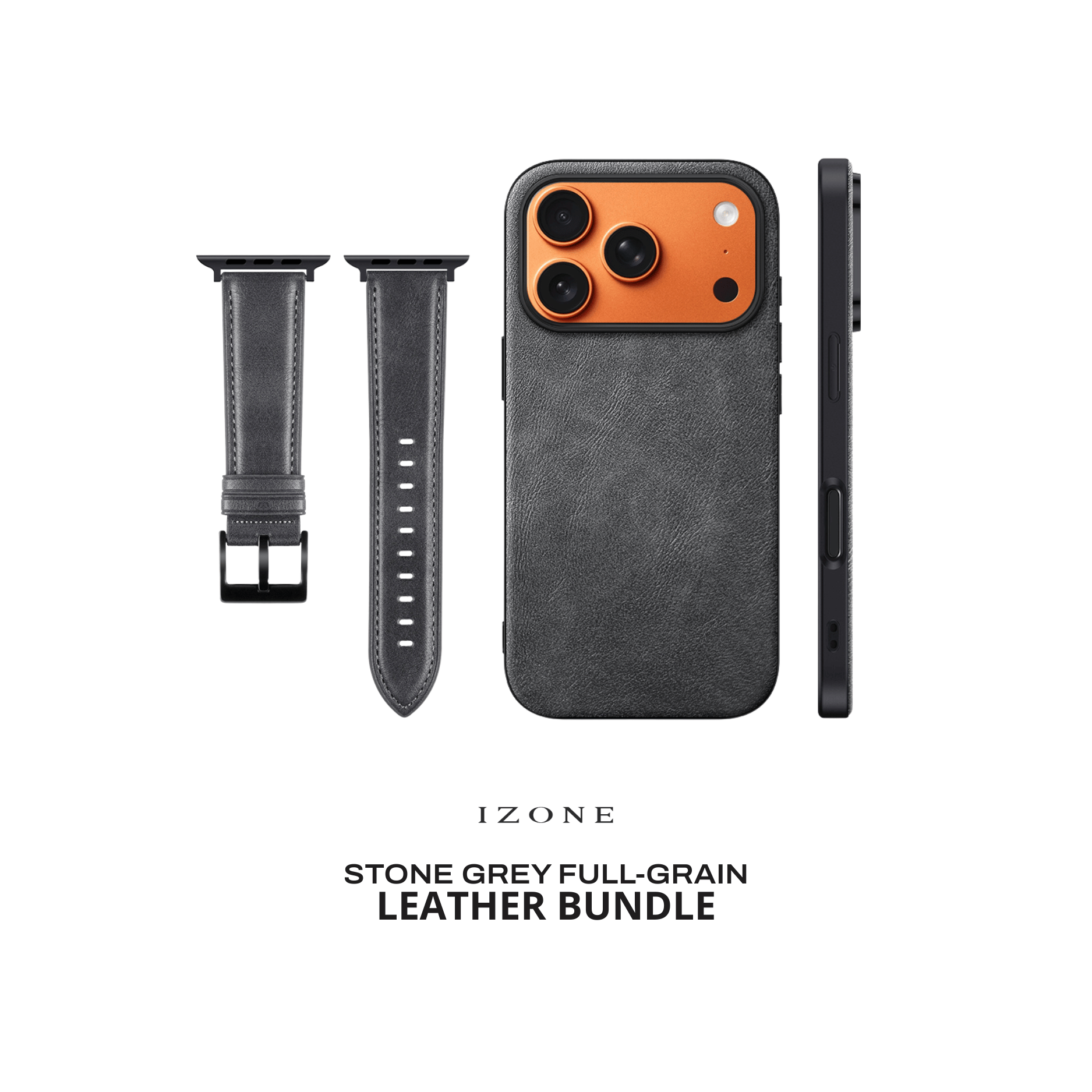 Stone Grey - IZONE Leather Case + Apple Watch Strap